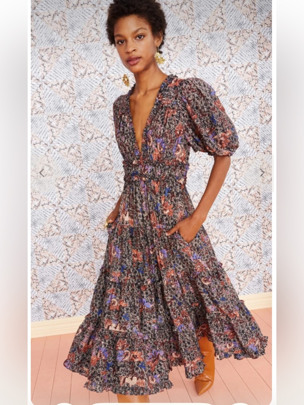 Ulla Johnson Virginie Midi Dress in Jet Black Blue Floral Puff-Sleeve Tiered 6